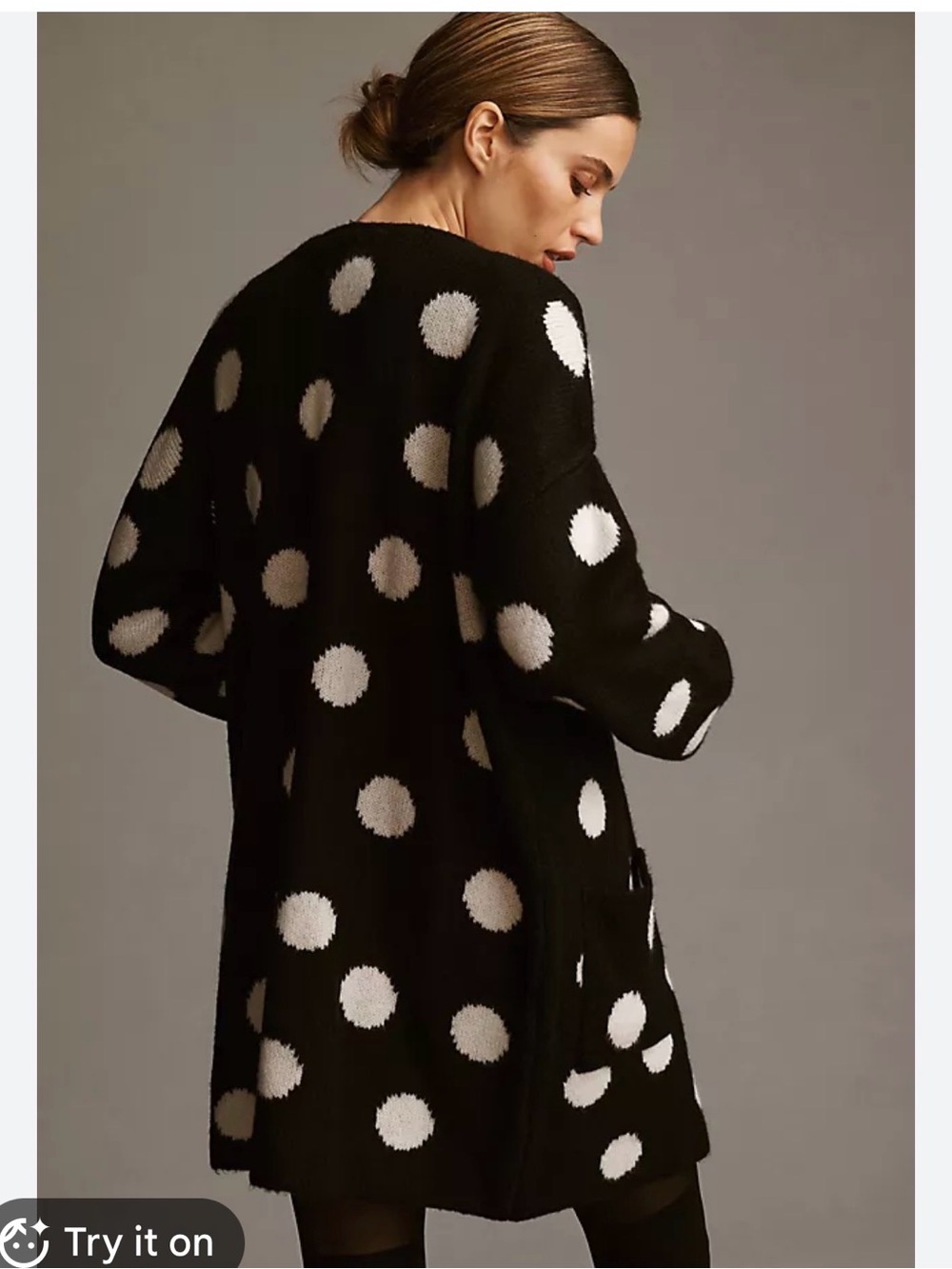 Black and White Polka Dot Open-Front Women's Long Cardigan Sweater Size Medium